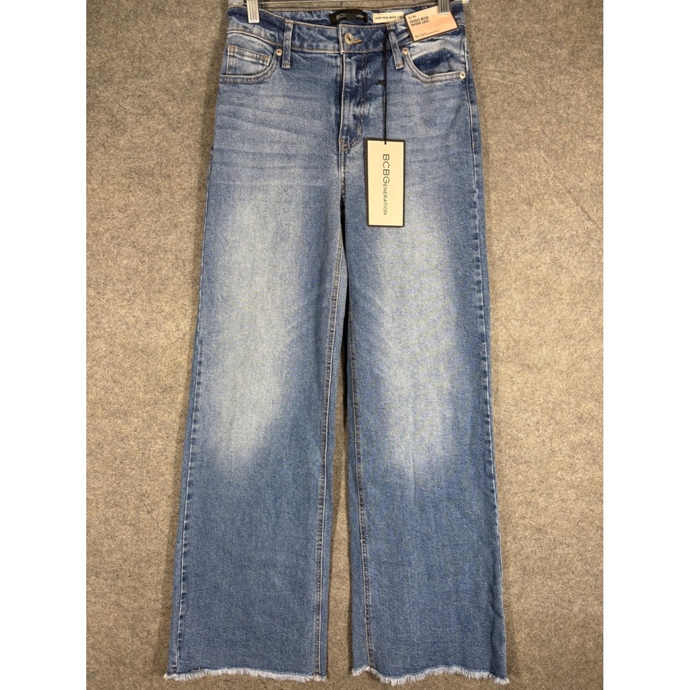 BCBGeneration High Rise Wide Leg Jeans Medium Wash Raw Hem 3/26 NEW
